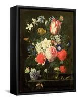 Rose, Tulip, Morning Glory and Other Flowers in a Glass Vase on a Stone Ledge-Nicolaes van Veerendael-Framed Stretched Canvas