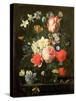 Rose, Tulip, Morning Glory and Other Flowers in a Glass Vase on a Stone Ledge-Nicolaes van Veerendael-Stretched Canvas