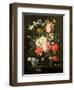 Rose, Tulip, Morning Glory and Other Flowers in a Glass Vase on a Stone Ledge-Nicolaes van Veerendael-Framed Premium Giclee Print