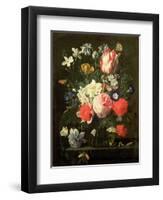 Rose, Tulip, Morning Glory and Other Flowers in a Glass Vase on a Stone Ledge-Nicolaes van Veerendael-Framed Premium Giclee Print