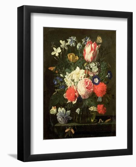 Rose, Tulip, Morning Glory and Other Flowers in a Glass Vase on a Stone Ledge-Nicolaes van Veerendael-Framed Premium Giclee Print