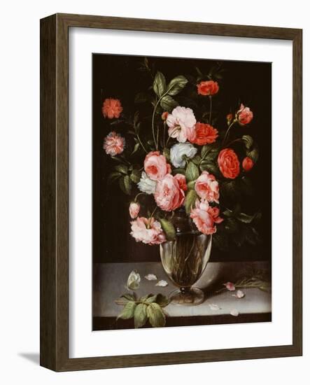 Roses and Carnations in a Glass Vase on a Stone Ledge-Ambrosius Brueghel-Framed Giclee Print