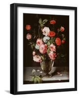 Roses and Carnations in a Glass Vase on a Stone Ledge-Ambrosius Brueghel-Framed Giclee Print