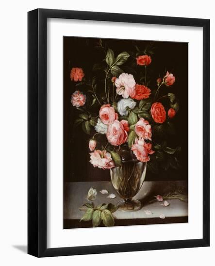 Roses and Carnations in a Glass Vase on a Stone Ledge-Ambrosius Brueghel-Framed Giclee Print