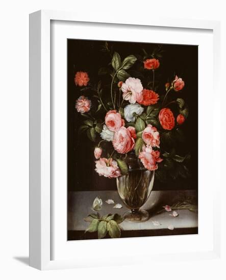 Roses and Carnations in a Glass Vase on a Stone Ledge-Ambrosius Brueghel-Framed Giclee Print