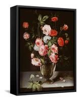 Roses and Carnations in a Glass Vase on a Stone Ledge-Ambrosius Brueghel-Framed Stretched Canvas