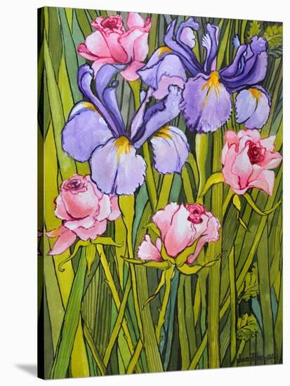 Roses and Irises in the Garden,2003-Joan Thewsey-Stretched Canvas