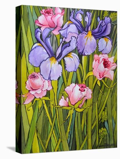 Roses and Irises in the Garden,2003-Joan Thewsey-Stretched Canvas