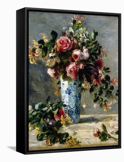 Roses and Jasmine in a Delft Vase, 1880-1881-Pierre-Auguste Renoir-Framed Stretched Canvas