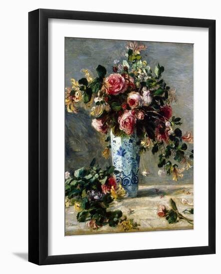 Roses and Jasmine in a Delft Vase, 1880-1881-Pierre-Auguste Renoir-Framed Premium Giclee Print