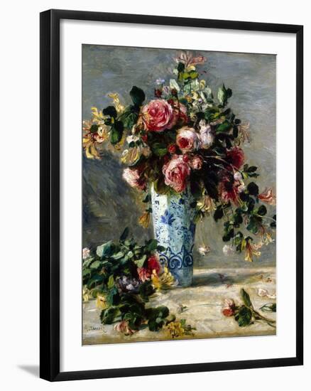 Roses and Jasmine in a Delft Vase, 1880-1881-Pierre-Auguste Renoir-Framed Giclee Print