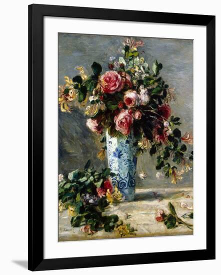 Roses and Jasmine in a Delft Vase, 1880-1881-Pierre-Auguste Renoir-Framed Giclee Print