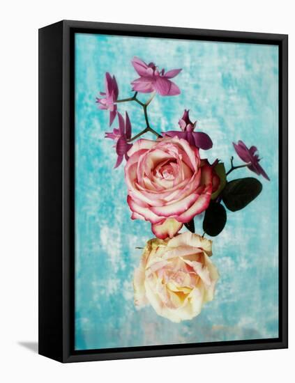 Roses and Orchid on Light Blue Textured Background-Alaya Gadeh-Framed Stretched Canvas