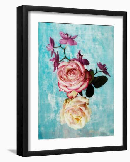 Roses and Orchid on Light Blue Textured Background-Alaya Gadeh-Framed Photographic Print