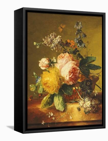 Roses and Other Flowers in a Basket on a Marble Ledge, C.1742-Jan van Huysum-Framed Stretched Canvas