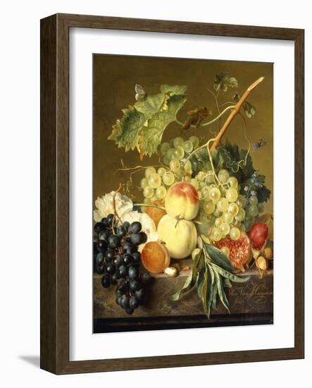 Roses and other Flowers in a Basket on a Marble Ledge-Jan van Huysum-Framed Giclee Print