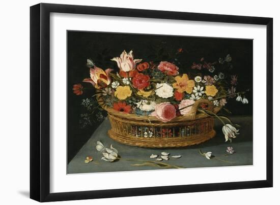 Roses and Other Flowers in a Wicker Basket on a Table-George Wesley Bellows-Framed Giclee Print