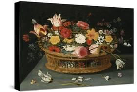 Roses and Other Flowers in a Wicker Basket on a Table-George Wesley Bellows-Stretched Canvas