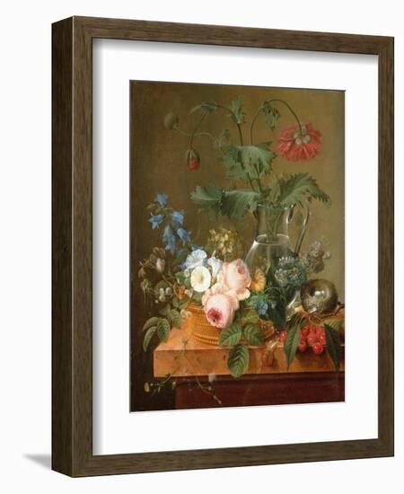 Roses, Anemones in a Glass Vase, Other Flowers, Cherries and a Birdnest-Pierre Puvis de Chavannes-Framed Giclee Print