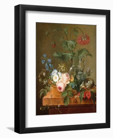 Roses, Anemones in a Glass Vase, Other Flowers, Cherries and a Birdnest-Pierre Puvis de Chavannes-Framed Giclee Print
