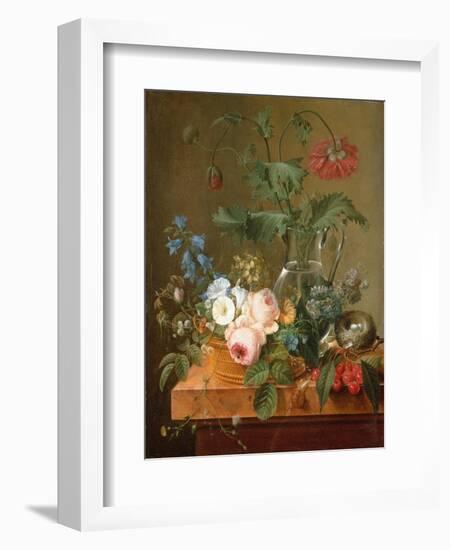 Roses, Anemones in a Glass Vase, Other Flowers, Cherries and a Birdnest-Pierre Puvis de Chavannes-Framed Giclee Print