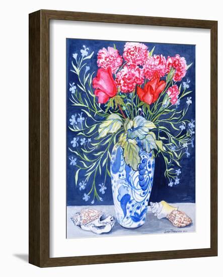 Roses, Carnations and Lobelia in a Blue and White Vase,3 Shells Textiles 2011-Joan Thewsey-Framed Giclee Print