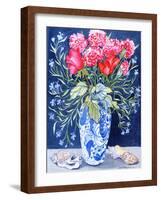 Roses, Carnations and Lobelia in a Blue and White Vase,3 Shells Textiles 2011-Joan Thewsey-Framed Giclee Print