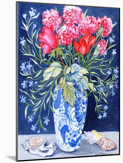 Roses, Carnations and Lobelia in a Blue and White Vase,3 Shells Textiles 2011-Joan Thewsey-Mounted Giclee Print