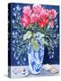 Roses, Carnations and Lobelia in a Blue and White Vase,3 Shells Textiles 2011-Joan Thewsey-Stretched Canvas