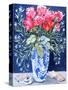 Roses, Carnations and Lobelia in a Blue and White Vase,3 Shells Textiles 2011-Joan Thewsey-Stretched Canvas