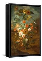 Roses, Carnations, Sunflowers in a Vase with Butterflies, Frogs, Insects-Rachel Ruysch-Framed Stretched Canvas