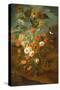 Roses, Carnations, Sunflowers in a Vase with Butterflies, Frogs, Insects-Rachel Ruysch-Stretched Canvas