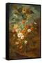 Roses, Carnations, Sunflowers in a Vase with Butterflies, Frogs, Insects-Rachel Ruysch-Framed Stretched Canvas