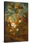 Roses, Carnations, Sunflowers in a Vase with Butterflies, Frogs, Insects-Rachel Ruysch-Stretched Canvas