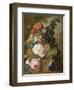 Roses, Chrysanthemums, Peonies and Other Flowers in a Glass Vase with Goldfish on a Stone Ledge-Jan van Os-Framed Giclee Print