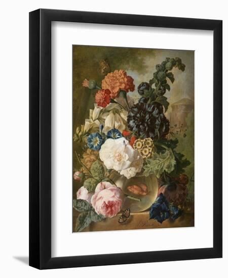 Roses, Chrysanthemums, Peonies and Other Flowers in a Glass Vase with Goldfish on a Stone Ledge-Jan van Os-Framed Giclee Print