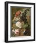 Roses, Chrysanthemums, Peonies and Other Flowers in a Glass Vase with Goldfish on a Stone Ledge-Jan van Os-Framed Giclee Print