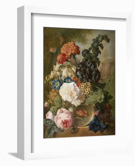 Roses, Chrysanthemums, Peonies and Other Flowers in a Glass Vase with Goldfish on a Stone Ledge-Jan van Os-Framed Giclee Print