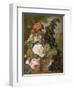 Roses, Chrysanthemums, Peonies and Other Flowers in a Glass Vase with Goldfish on a Stone Ledge-Jan van Os-Framed Giclee Print