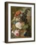 Roses, Chrysanthemums, Peonies and Other Flowers in a Glass Vase with Goldfish on a Stone Ledge-Jan van Os-Framed Giclee Print