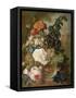 Roses, Chrysanthemums, Peonies and Other Flowers in a Glass Vase with Goldfish on a Stone Ledge-Jan van Os-Framed Stretched Canvas