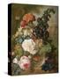 Roses, Chrysanthemums, Peonies and Other Flowers in a Glass Vase with Goldfish on a Stone Ledge-Jan van Os-Stretched Canvas