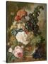 Roses, Chrysanthemums, Peonies and Other Flowers in a Glass Vase with Goldfish on a Stone Ledge-Jan van Os-Stretched Canvas