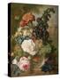 Roses, Chrysanthemums, Peonies and Other Flowers in a Glass Vase with Goldfish on a Stone Ledge-Jan van Os-Stretched Canvas