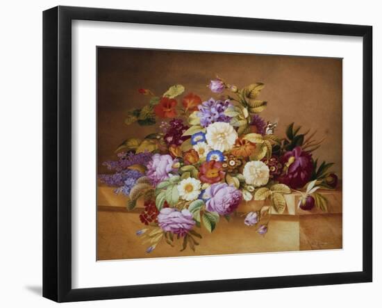 Roses, Convolvuli and Other Flowers on a Ledge-Alexandre Couronne-Framed Giclee Print