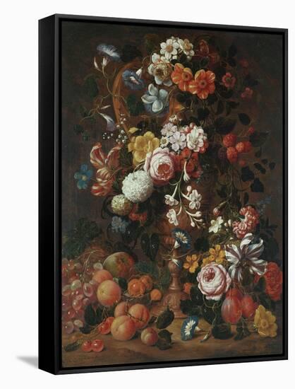 Roses, Dahlias, Convolvulus, a Tulip and Other Flowers, in a Sculpted Urn-Nicholaes van Verendael-Framed Stretched Canvas