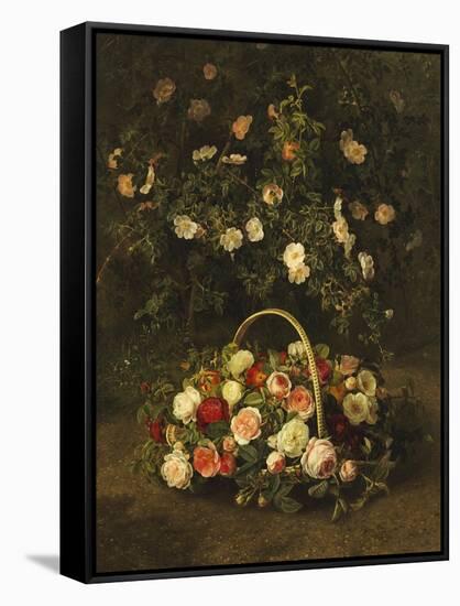 Roses in a Basket Beside a Rose Bush, 1846-Johan Laurentz Jensen-Framed Stretched Canvas