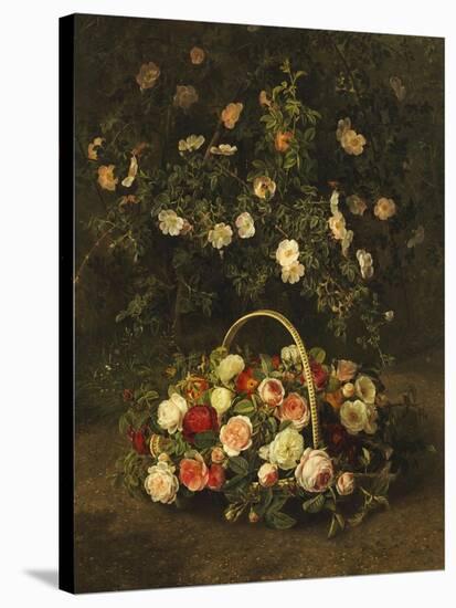 Roses in a Basket Beside a Rose Bush, 1846-Johan Laurentz Jensen-Stretched Canvas