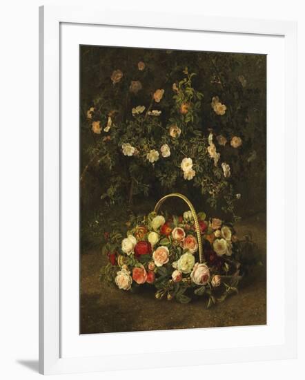 Roses in a Basket Beside a Rose Bush, 1846-Johan Laurentz Jensen-Framed Giclee Print