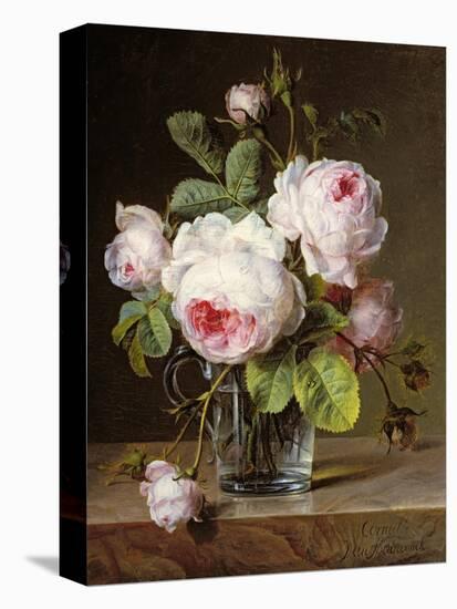 Roses in a Glass Vase on a Ledge-Cornelis van Spaendonck-Stretched Canvas